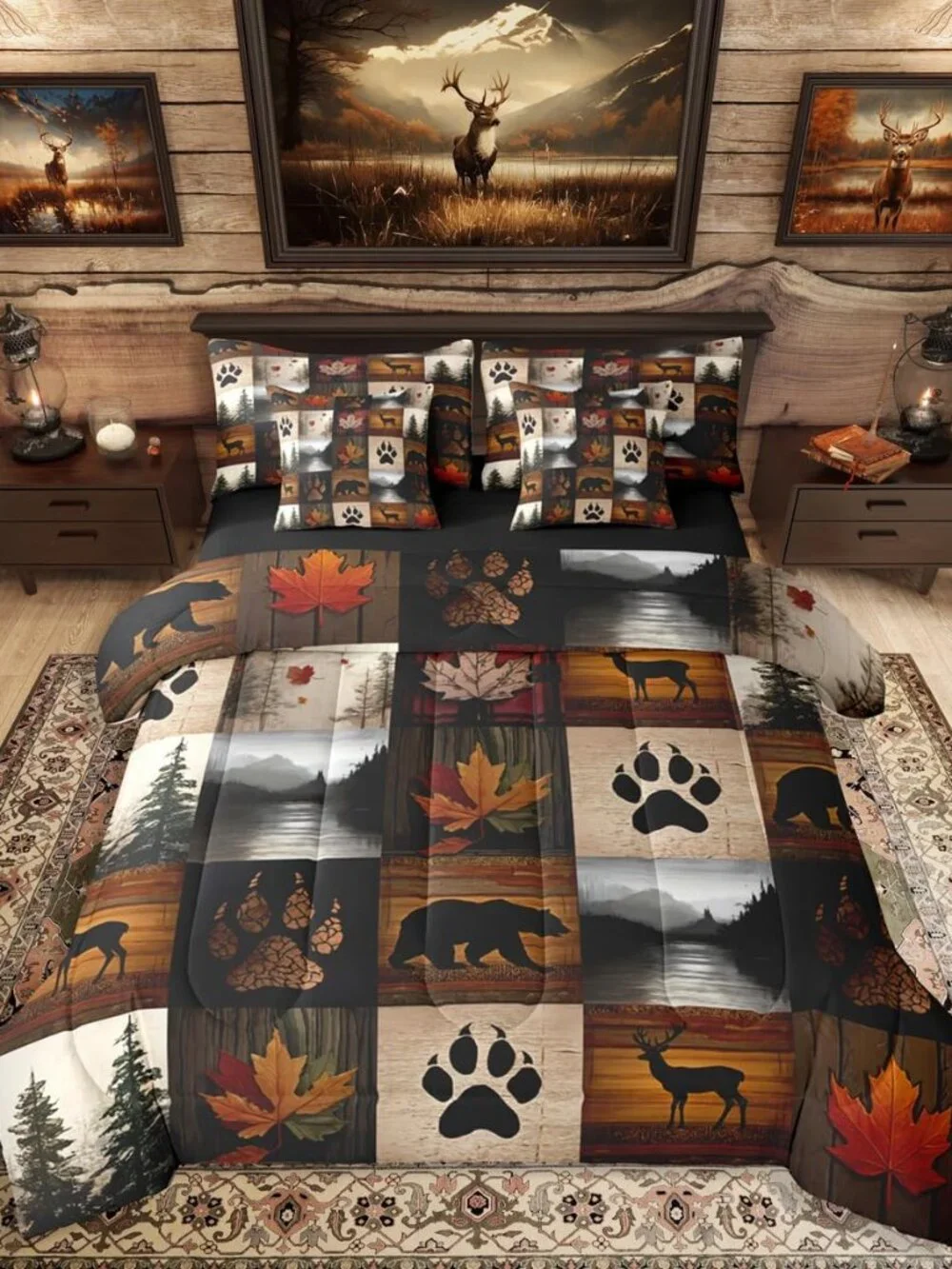 Bear Cabin Plaid Queen Comforter Set with Sheets 7 Piece Retro Hunting Deer Bed